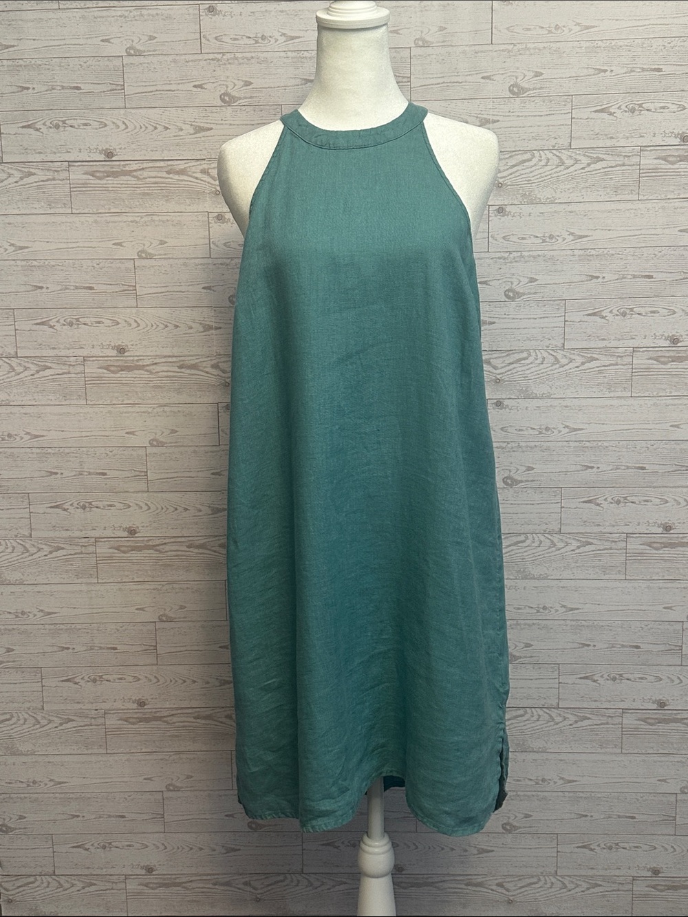 Sigrid Olsen 100% Linen Teal Sleeveless Shift Dress Coastal Resort Beach